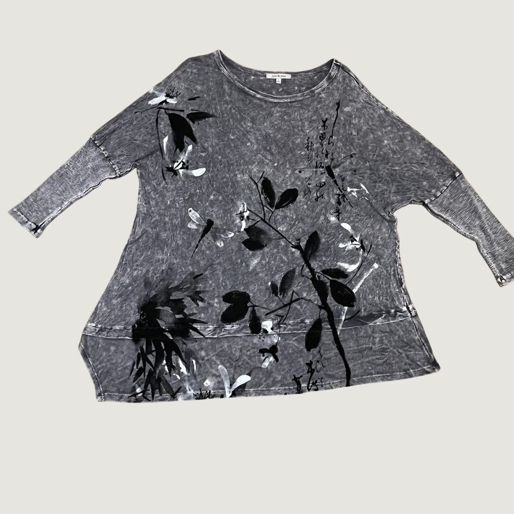 Jess & Jane Grey Mineral Wash Dragonfly Botanical Tunic Top L Lagenlook Artsy